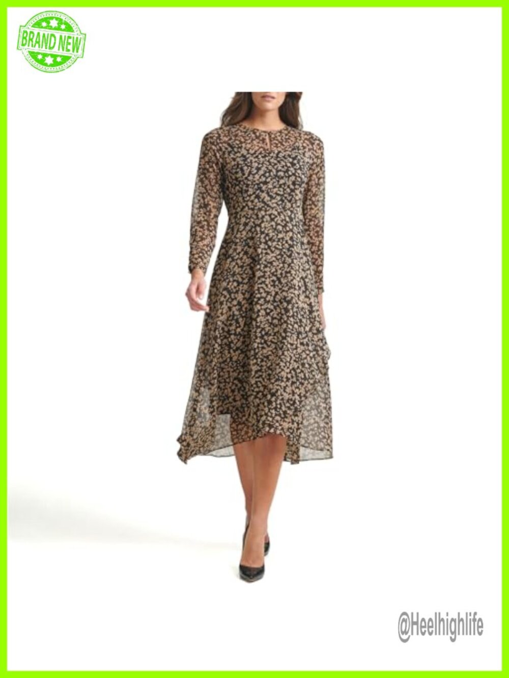 Womens Long Sleeve Keyhole Neck Chiffon Hi-lo Midi Dress A-line Business Casual